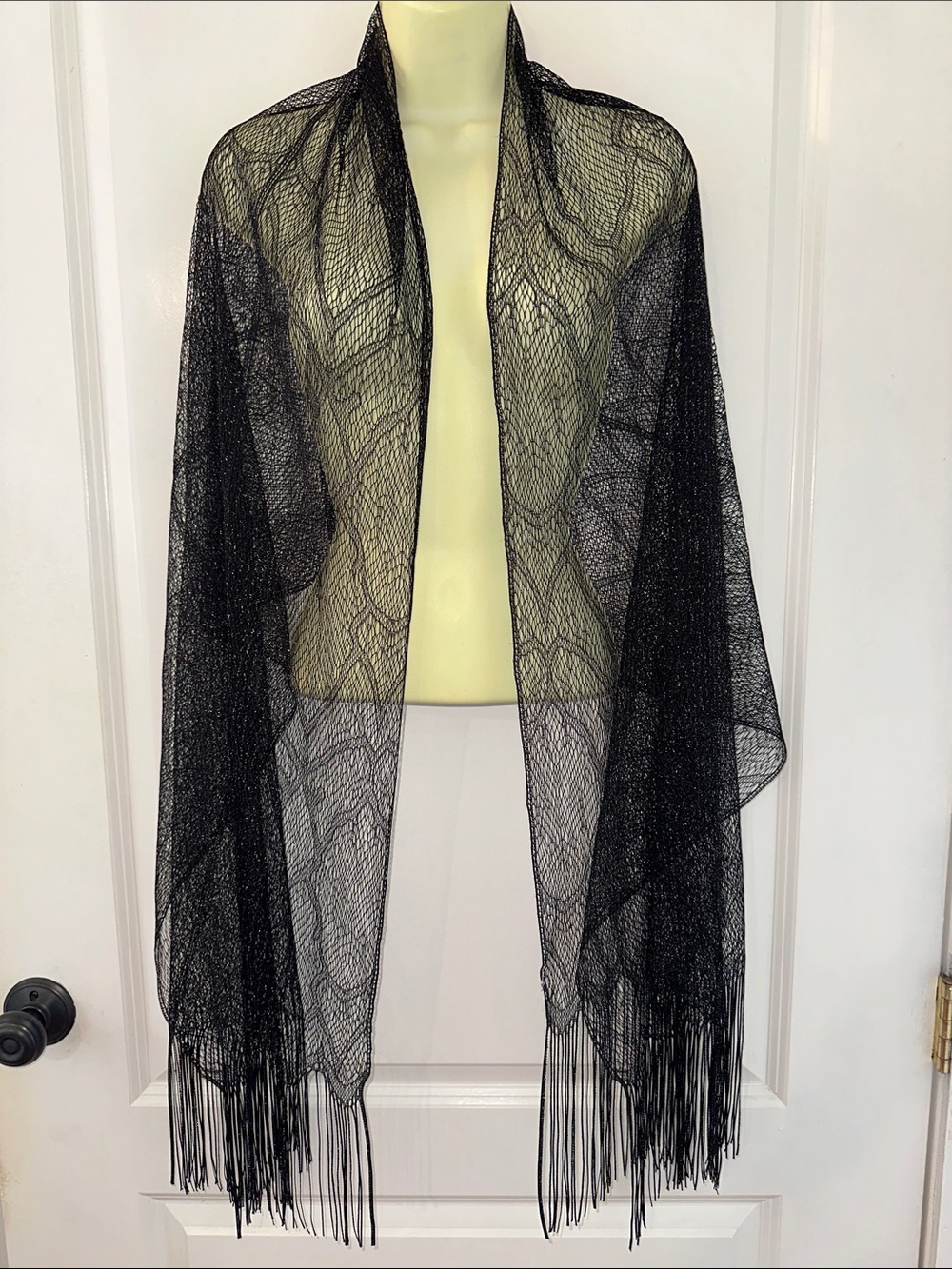 Open Weave  Black Fringe Shawl Wrap with Metallic Silver Threads